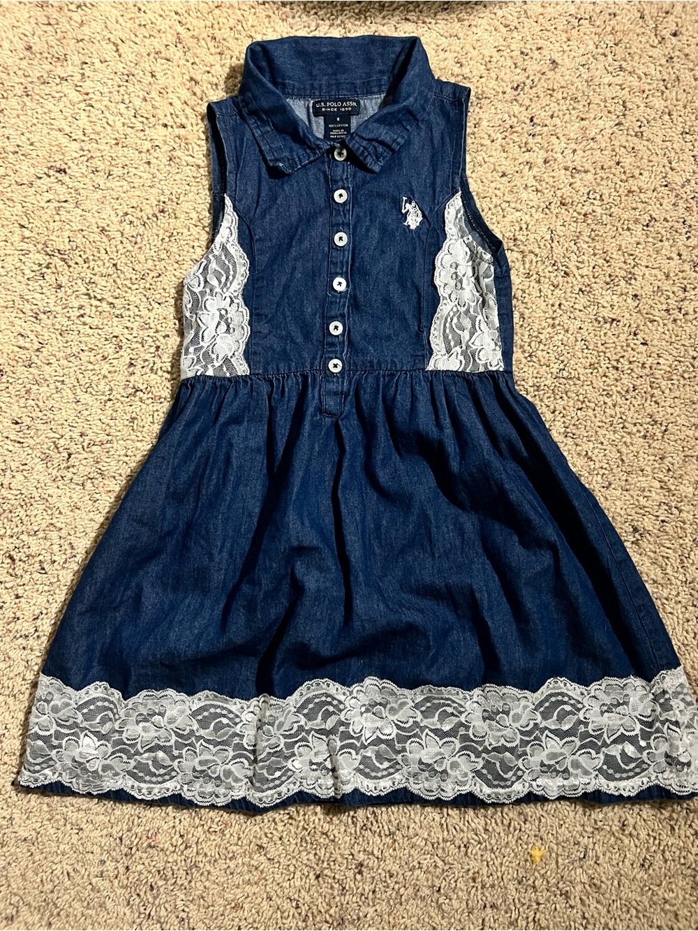 U.S. Polo Assn. Girls' Dark Blue Denim Dress with White Lace Trim